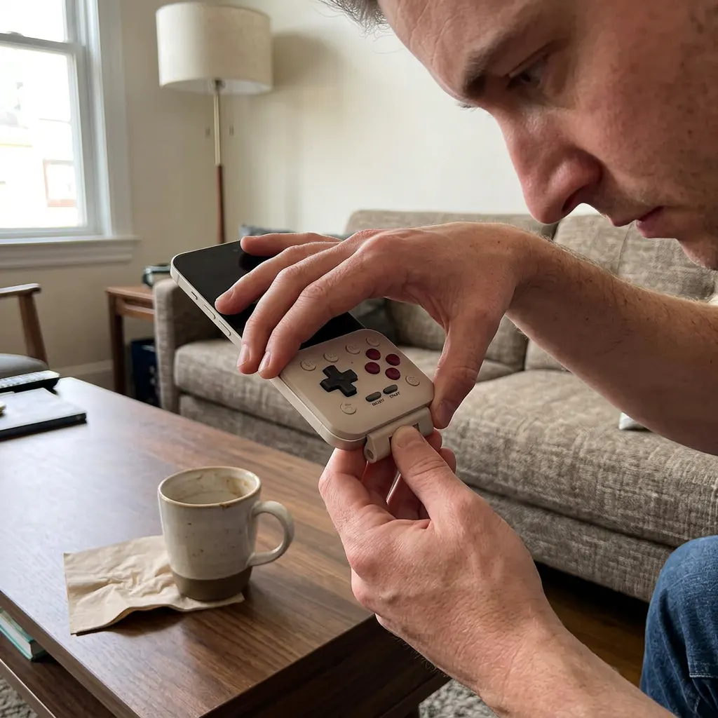 Module plugging into the phone's USB-C port at the bottom edge