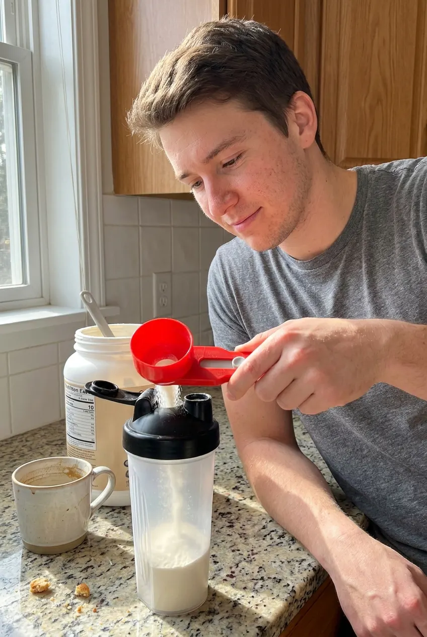 Ventra scoop pouring powder cleanly into a narrow shaker