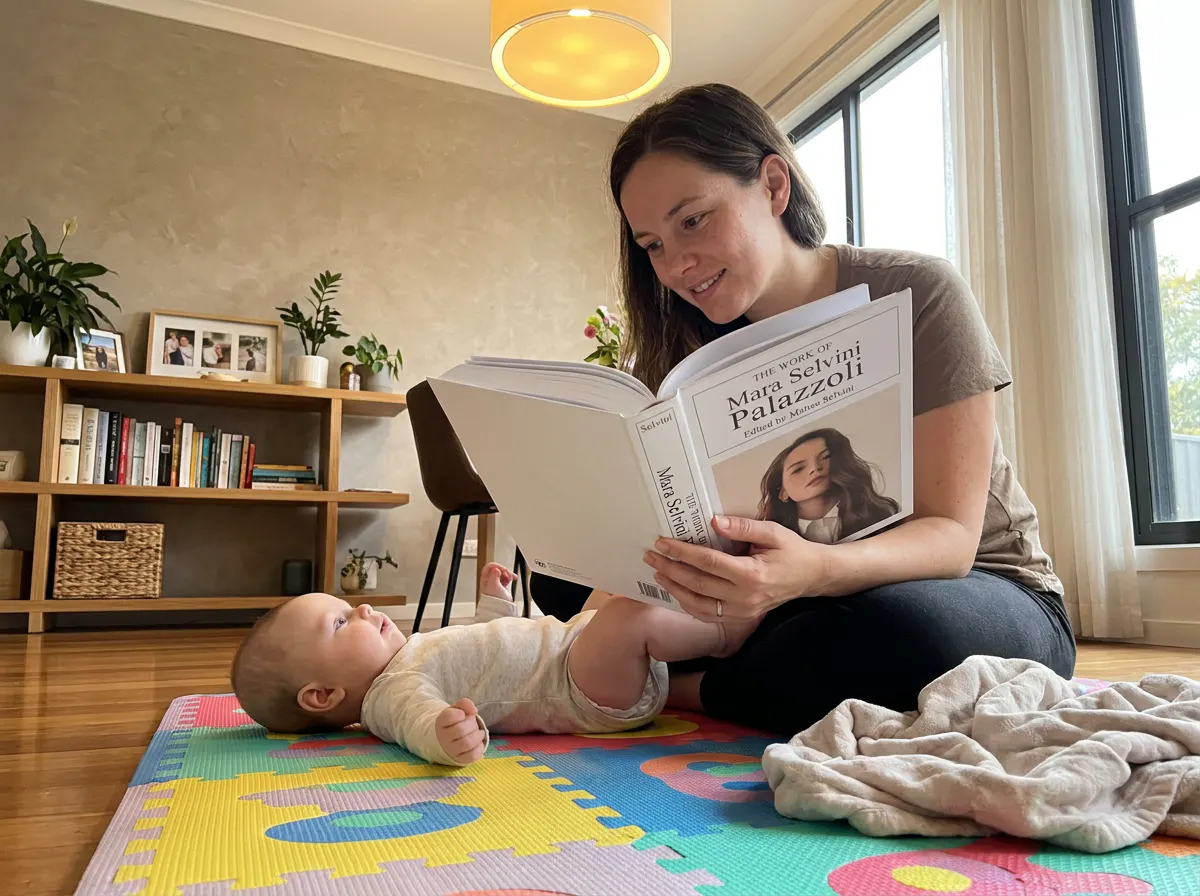 Parent holding the open book in a natural reading posture