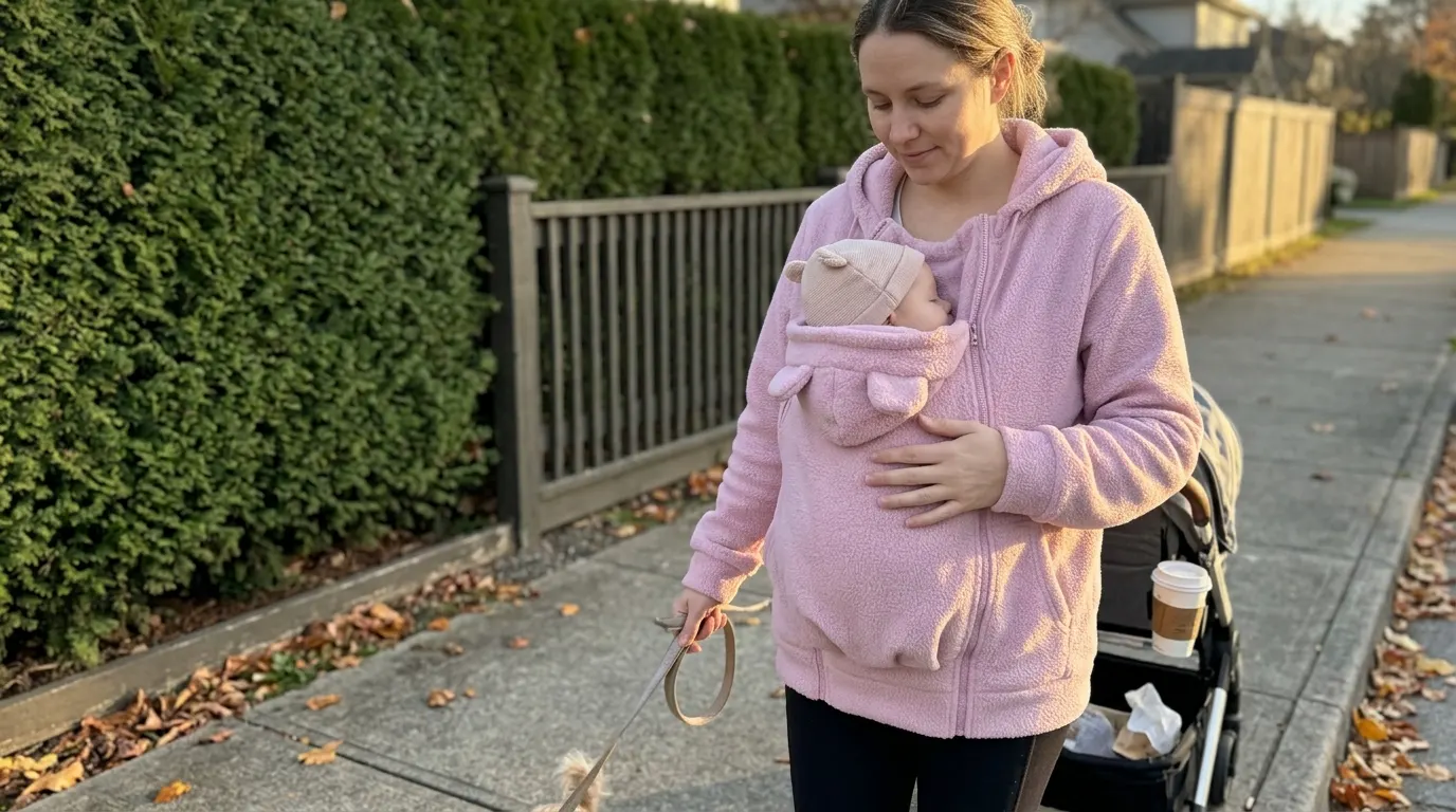 A parent on a cold golden-hour walk with a baby zipped into the cozy front pouch of the CuddleCarry hoodie