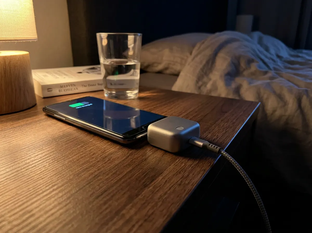 Phone charging overnight on a dim nightstand through the ChargeStop adapter