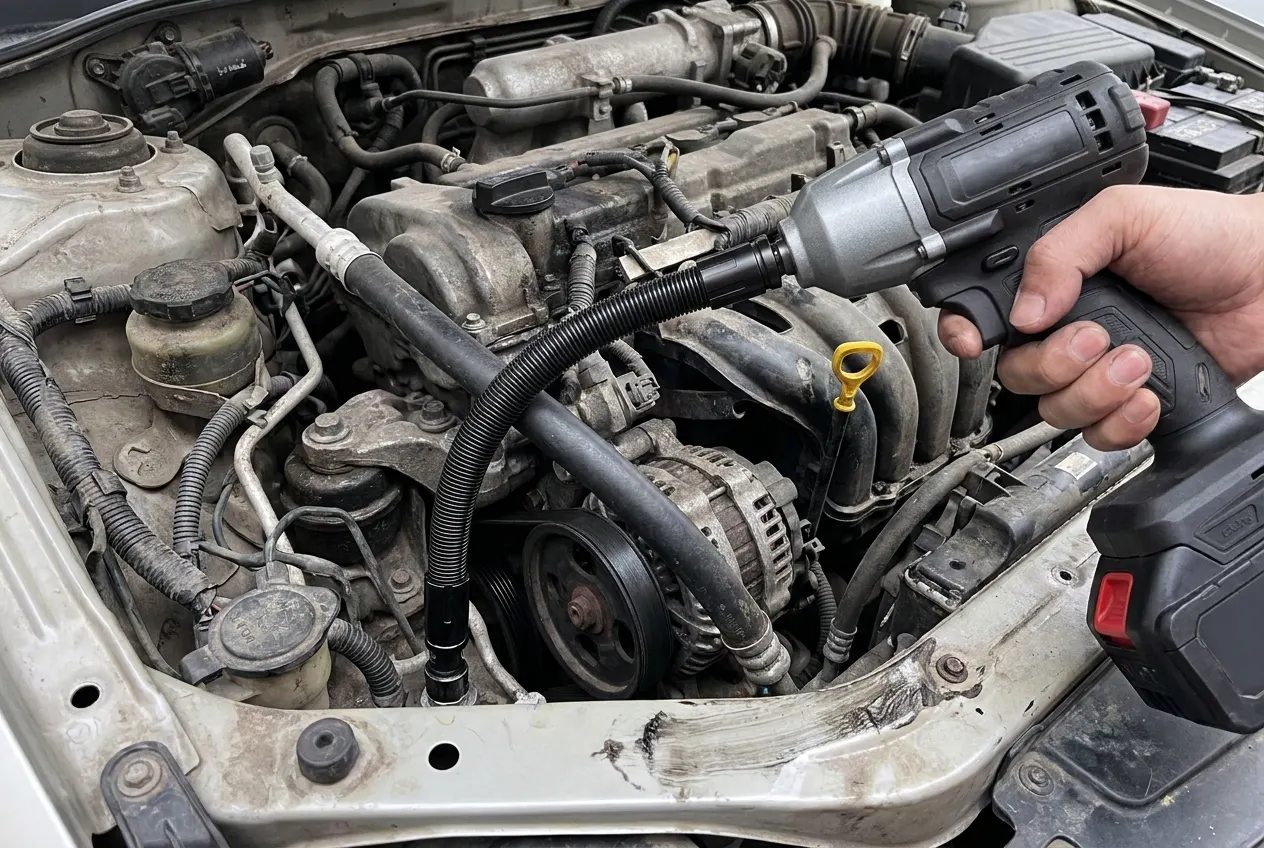 Flexible shaft bending into a tight engine-bay gap to reach a bolt