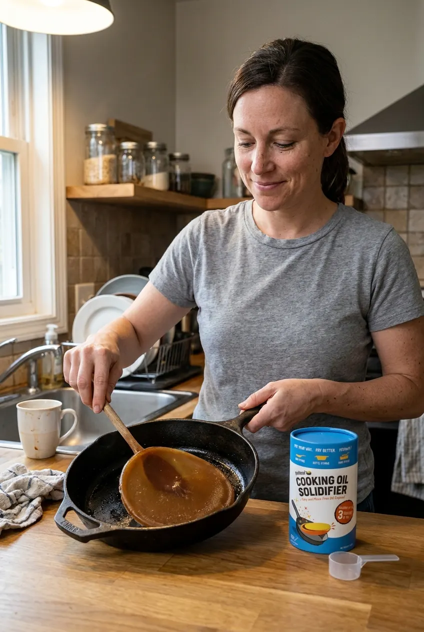 A spatula lifting a solid caramel-colored disc of used cooking oil out of a home skillet