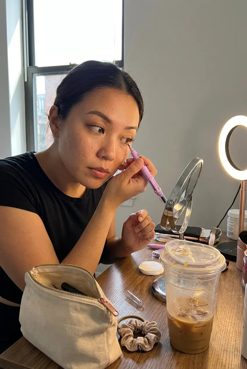 Woman doing a quick touch-up with the Ventra FaceKit 4-in-1 makeup pen