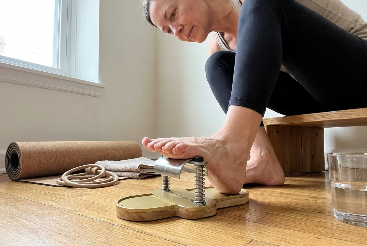 Foot pressing the sprung dome of the foot corrector