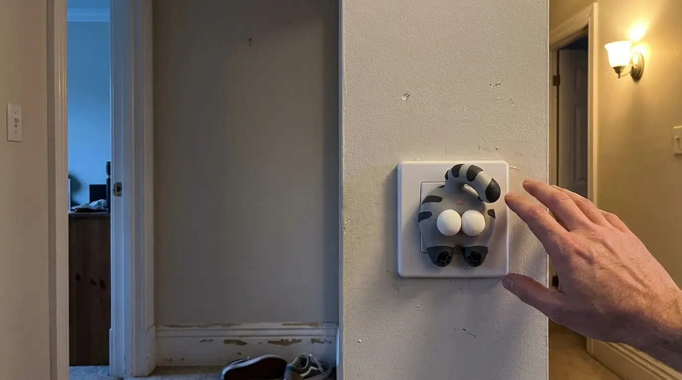 A hallway wall at dusk with the cat switch cover mounted at switch height