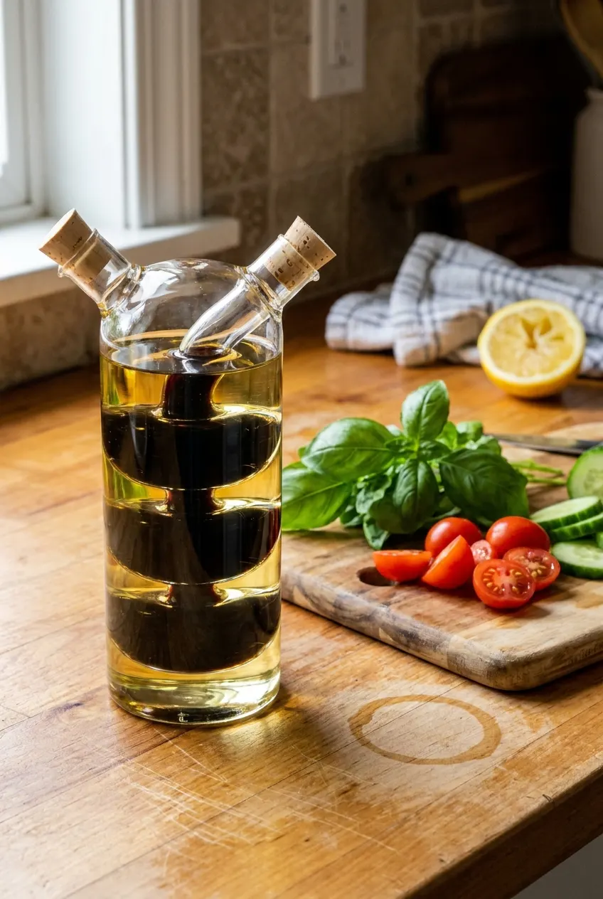 Ventra dual-chamber oil and vinegar bottle on a styled kitchen counter