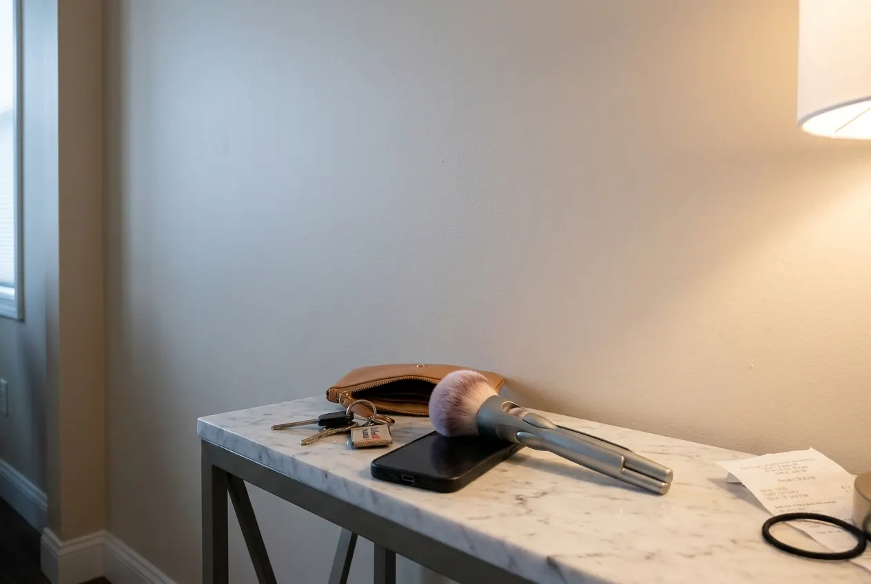 The assembled brush going into a small purse beside a phone and keys