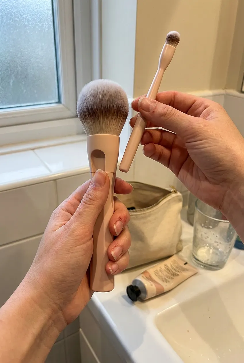 Two hands pulling one powder brush apart into four brushes