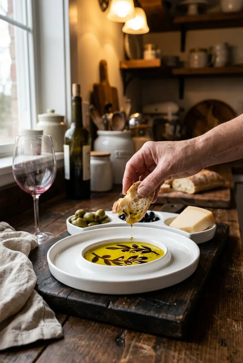 Torn bread dipped in olive oil and balsamic in the olive-branch dipping dish