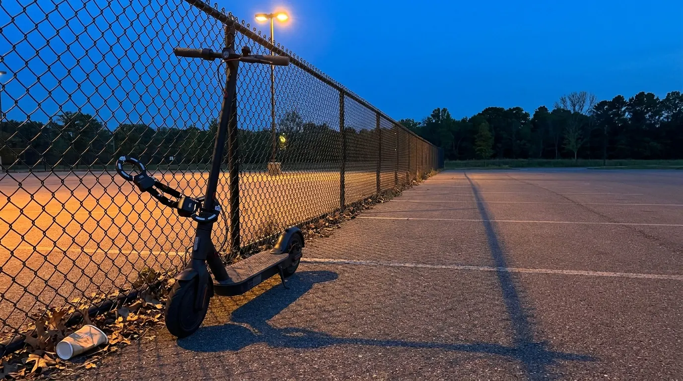 Scooter locked to a public rack at dusk, cuff cylinders closed