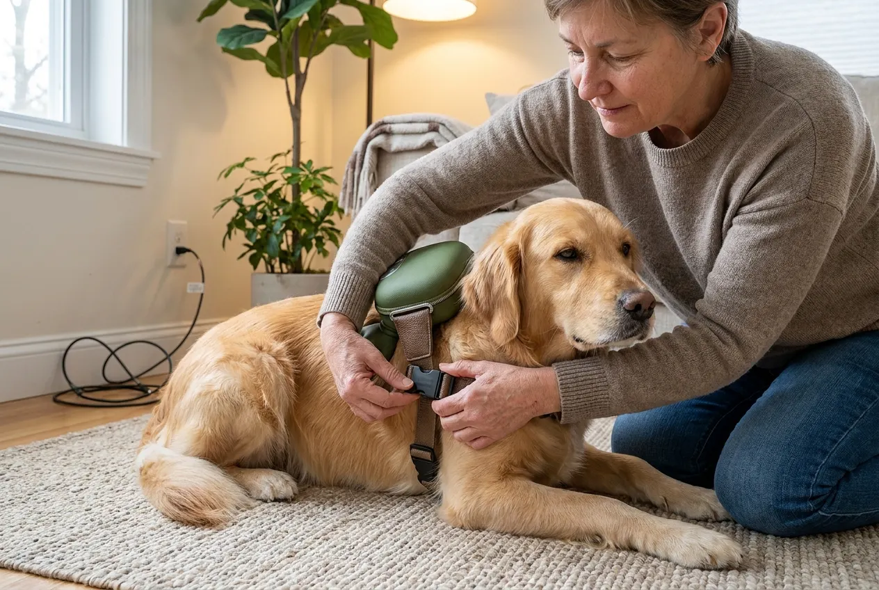 Owner wrapping the adjustable strap around a calm dog's back