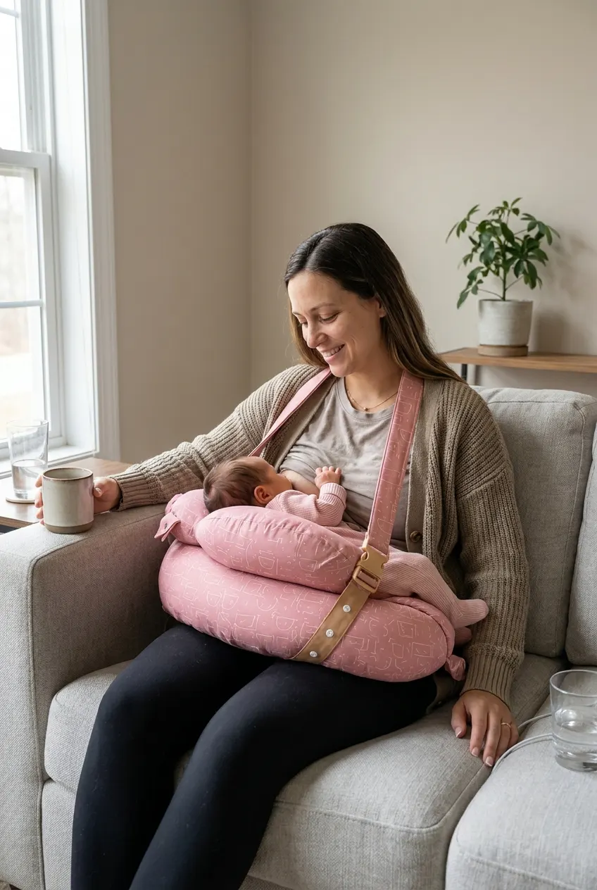 Mother wearing the CuddleArm nursing cradle, baby resting level at breast height while she holds a coffee cup in her free hand