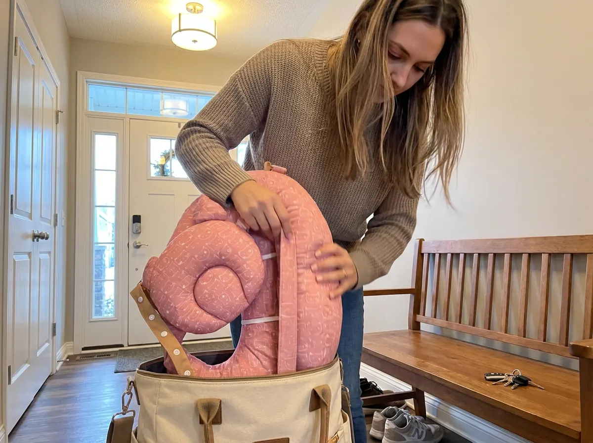 The CuddleArm folded flat inside a diaper bag next to baby essentials