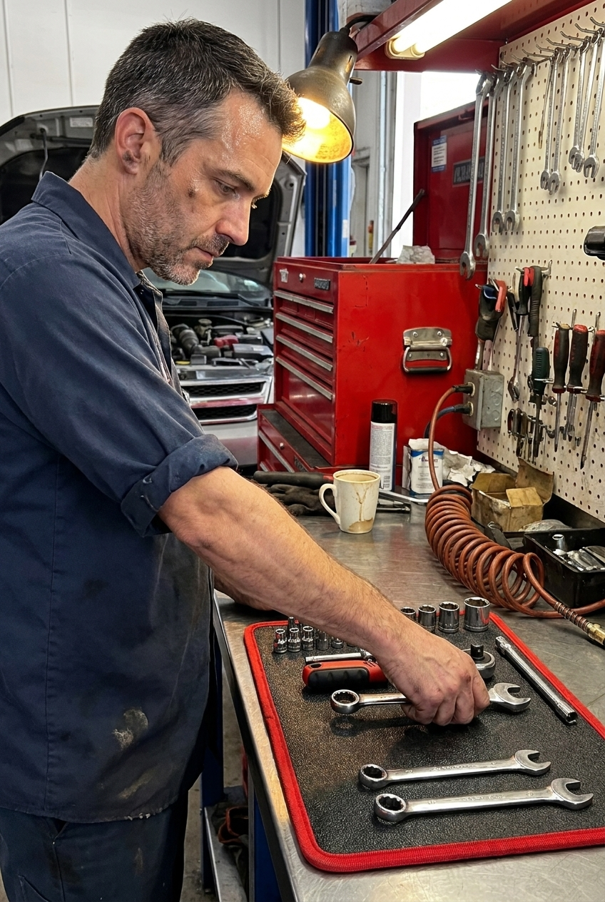 A mechanic keeping sockets pinned to a magnetic tool mat