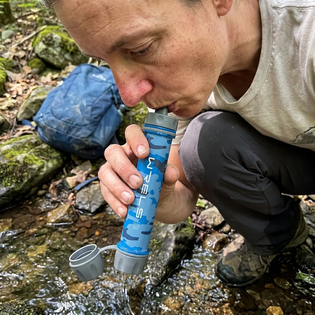 Drinking directly from a stream through the filter straw