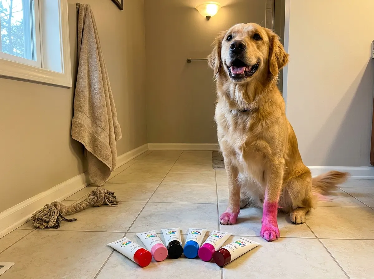 Happy dog with a freshly colored paw beside the PawTint six-tube kit