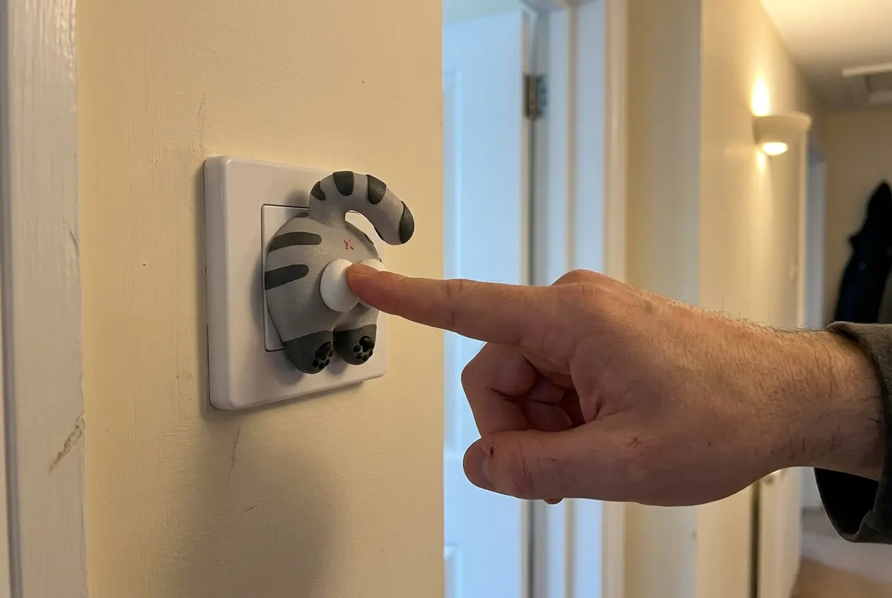 Close-up of the sculpted cat cover mounted on a wall switch