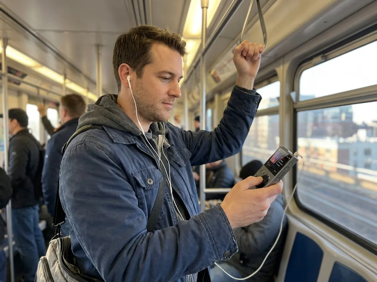 Commuter using the PocketTunes player, phone buried in the bag