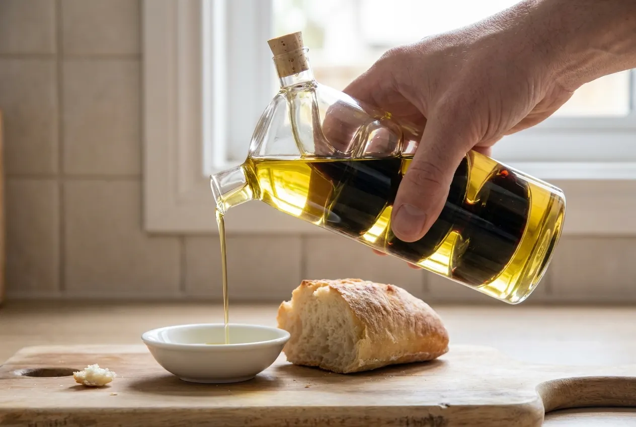 Pouring oil from one spout and vinegar from the other