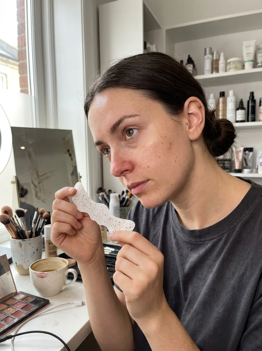 A professional makeup artist holding a freckle transfer sheet in a studio