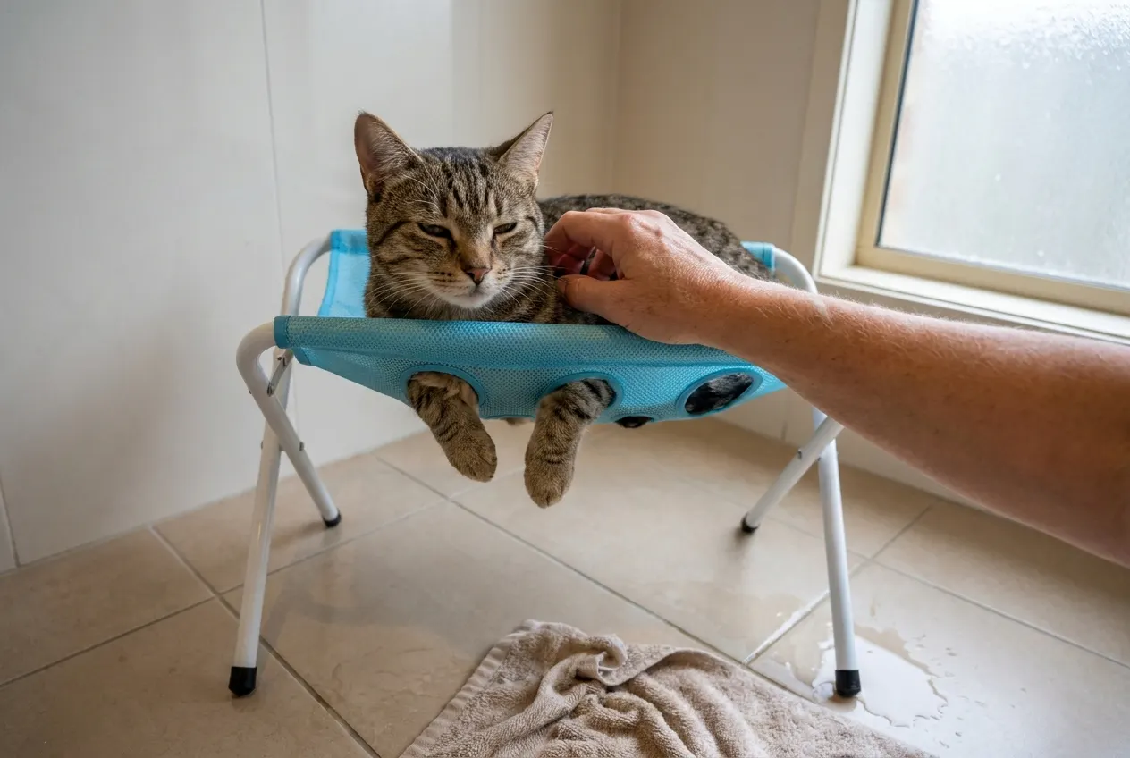 Calm dry pet on a bathroom mat with the folded grooming stand against the wall