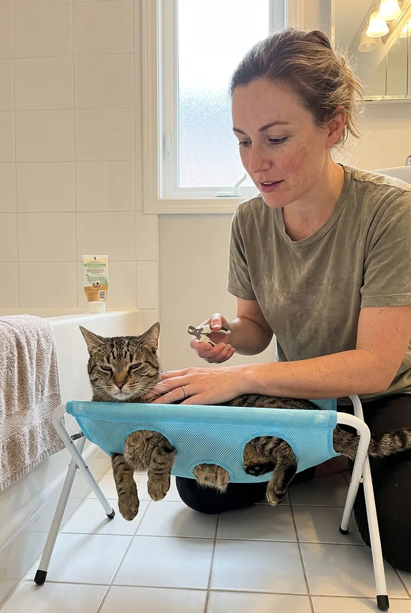 Cat resting belly-down in the mesh sling with all four legs through the cut-out holes