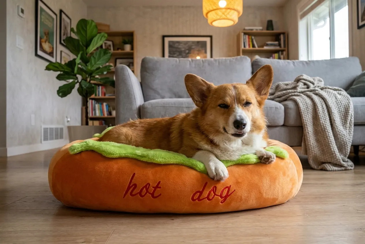 A real dog curled inside the hot dog bed for scale