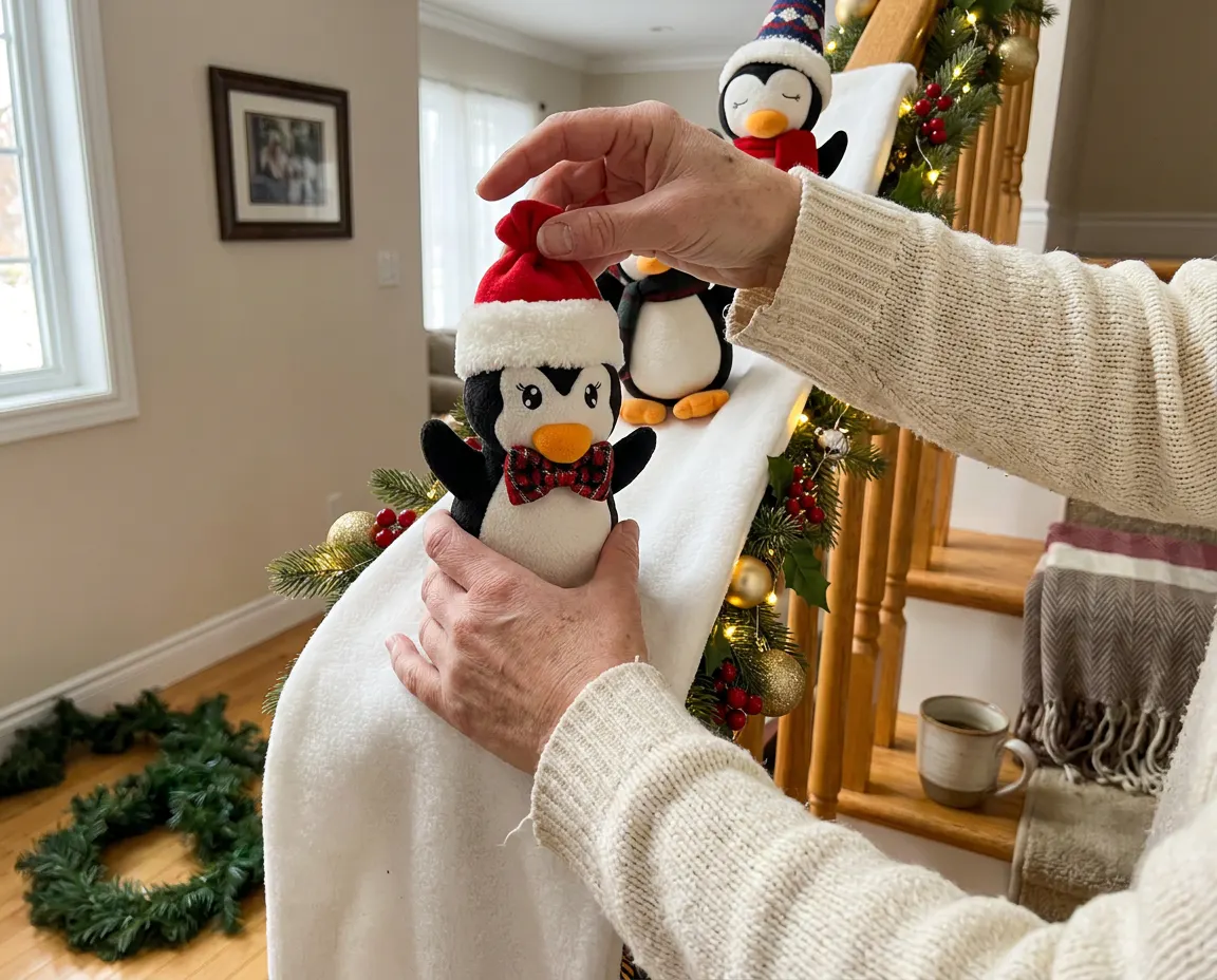 Hands placing a plush skiing penguin on a snow slide draped over a staircase railing in warm morning light