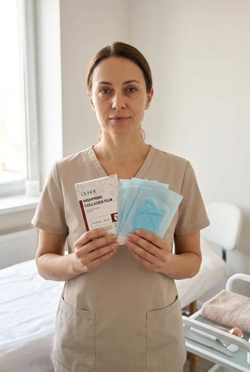 Licensed esthetician presenting the Ventra collagen patch set in a treatment room
