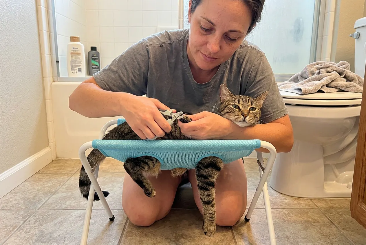 Grooming stand set over a bathtub while one person rinses the pet with a handheld shower
