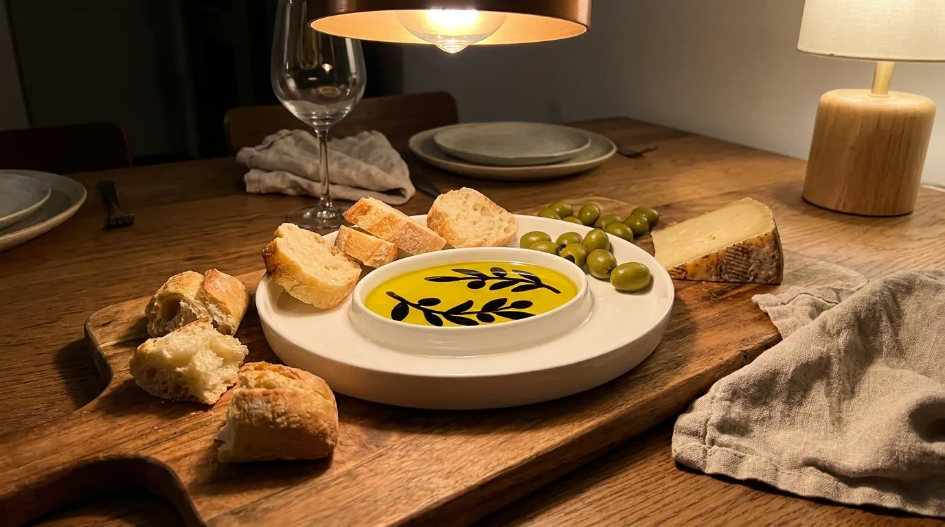 Warm styled table with the olive oil dipping dish
