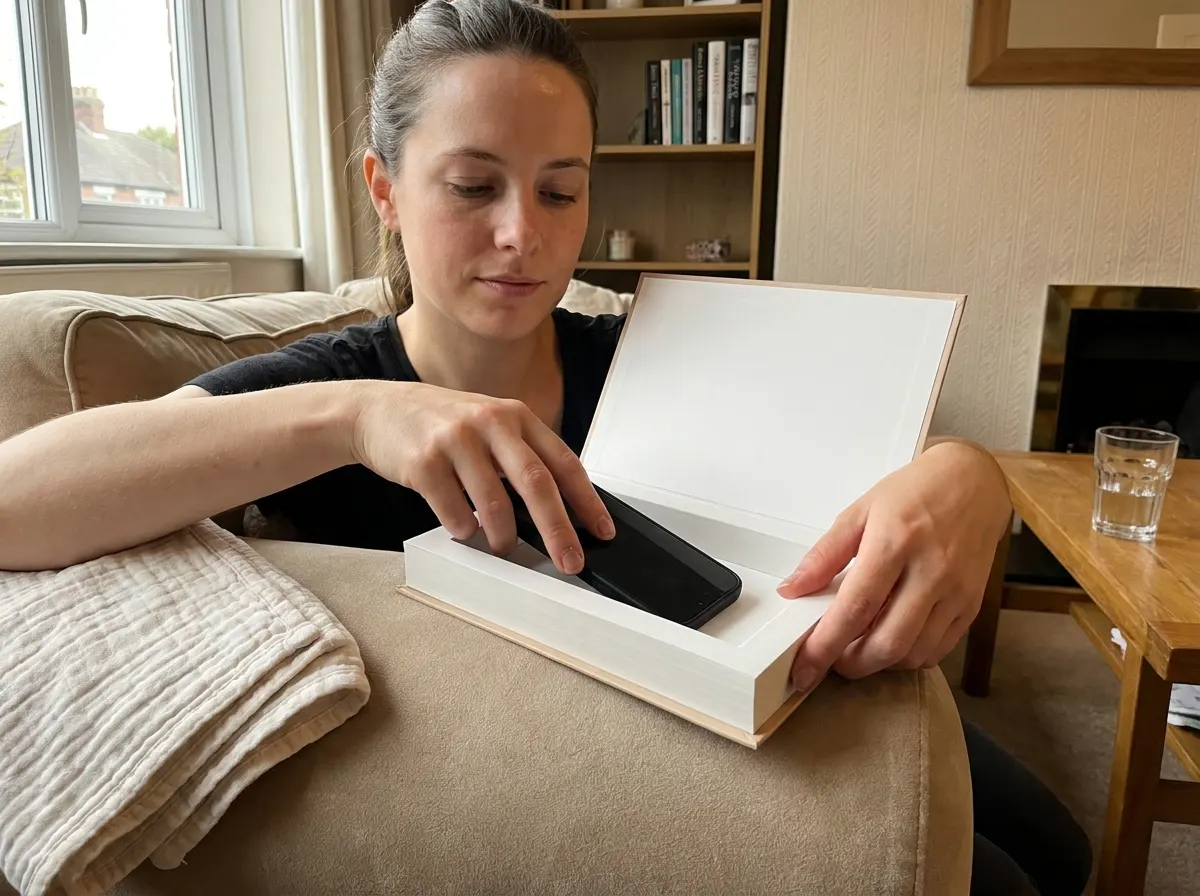 A phone being placed into the hidden holder inside the book