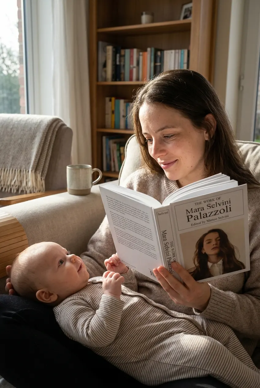 Mother reading an open book while her baby watches her face