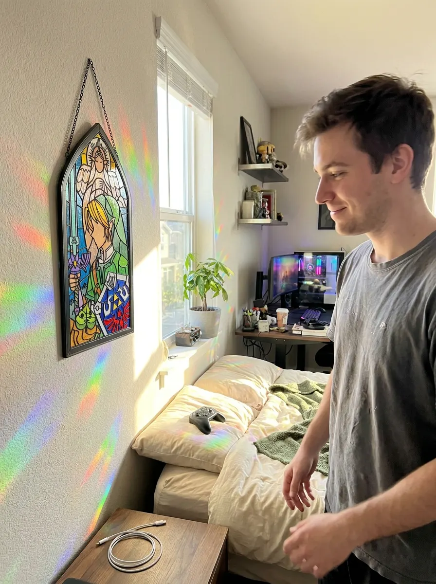 Handmade stained glass arch panel hanging on a bedroom wall casting rainbow light