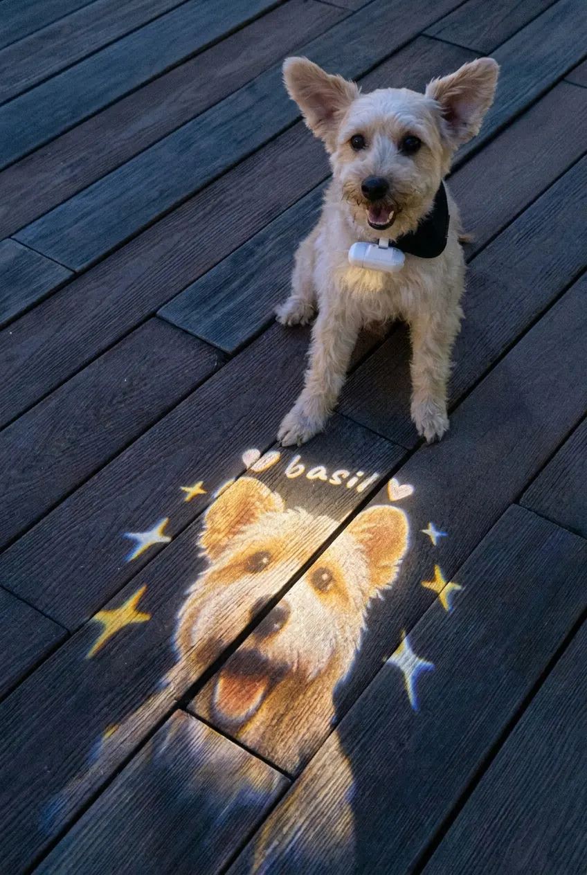 That same dog's face projected on the ground on a night walk