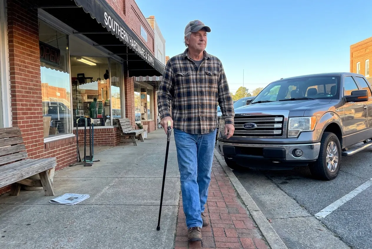 A Southern man in his sixties carrying the revolver-grip cane on a small-town main street