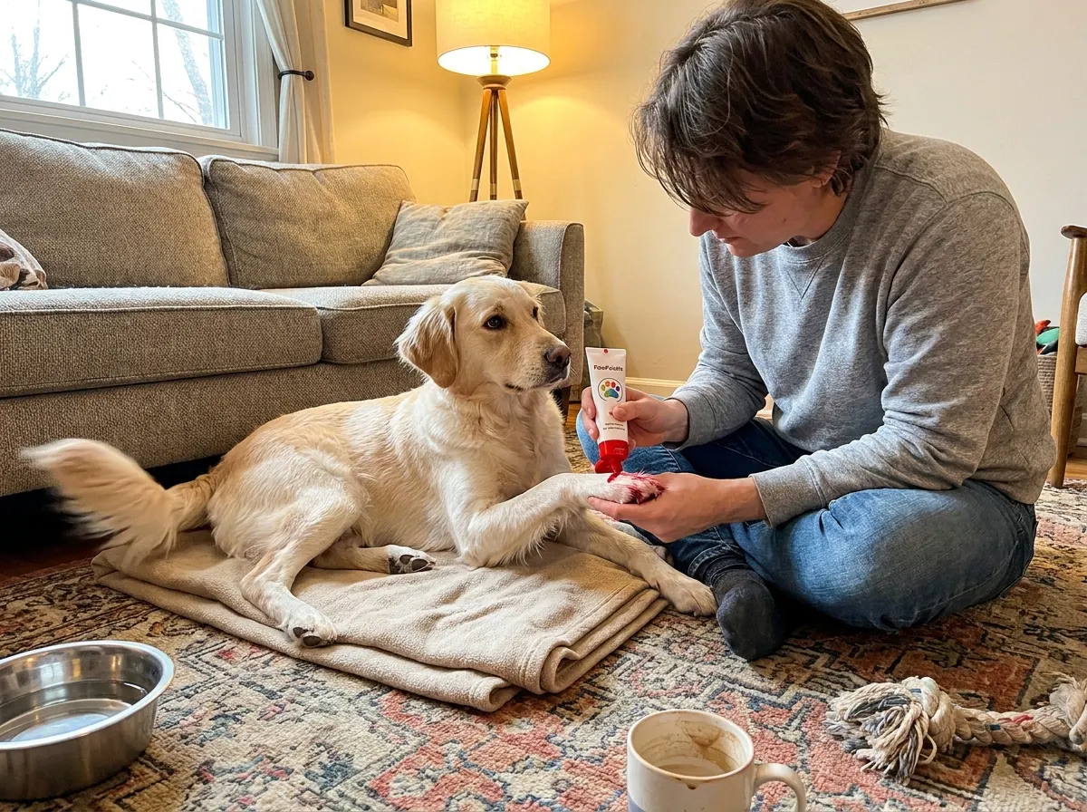 Dog owner working cream dye into one paw