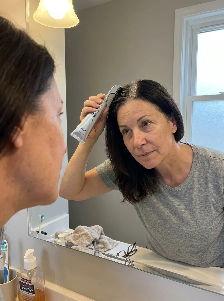 Comb applicator brushing gentle color through greying roots