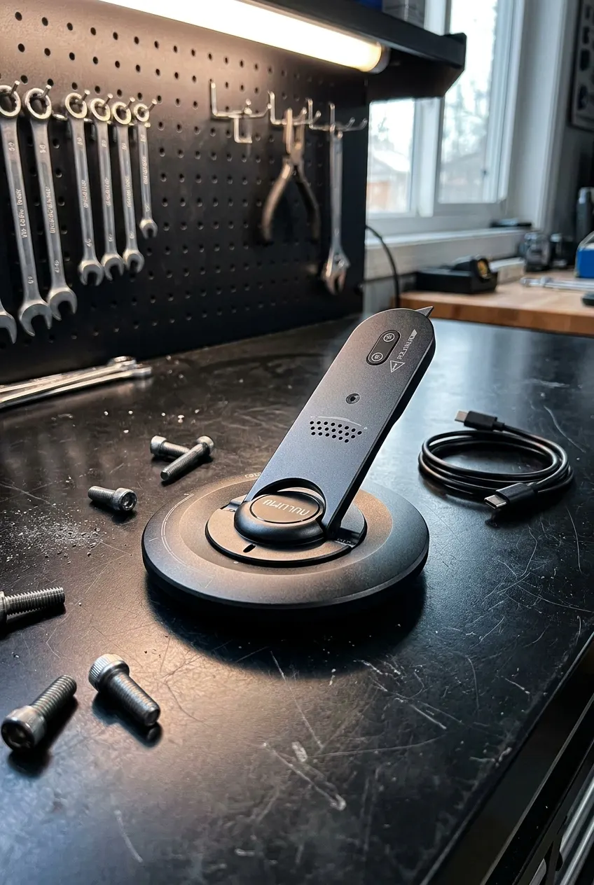 AeroStand aviation-aluminum magnetic phone stand held in hand, kickstand out, phone landscape mid-rotation