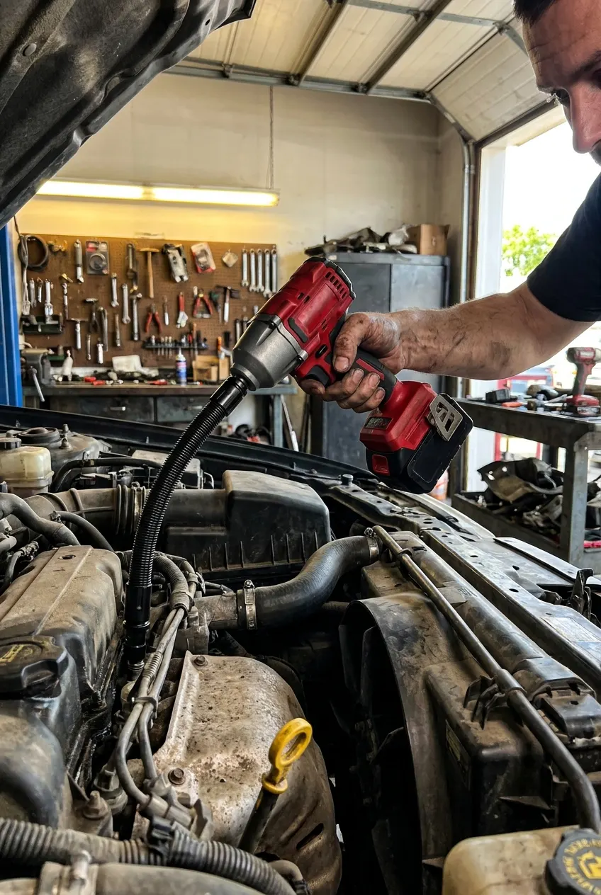 Mechanic in a garage using the flexible extension bar