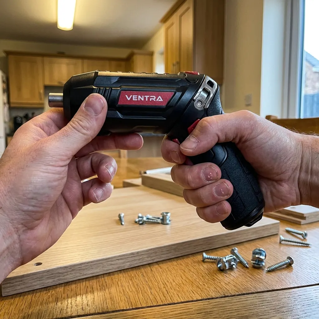 Ventra folded into pistol grip driving a furniture screw downward