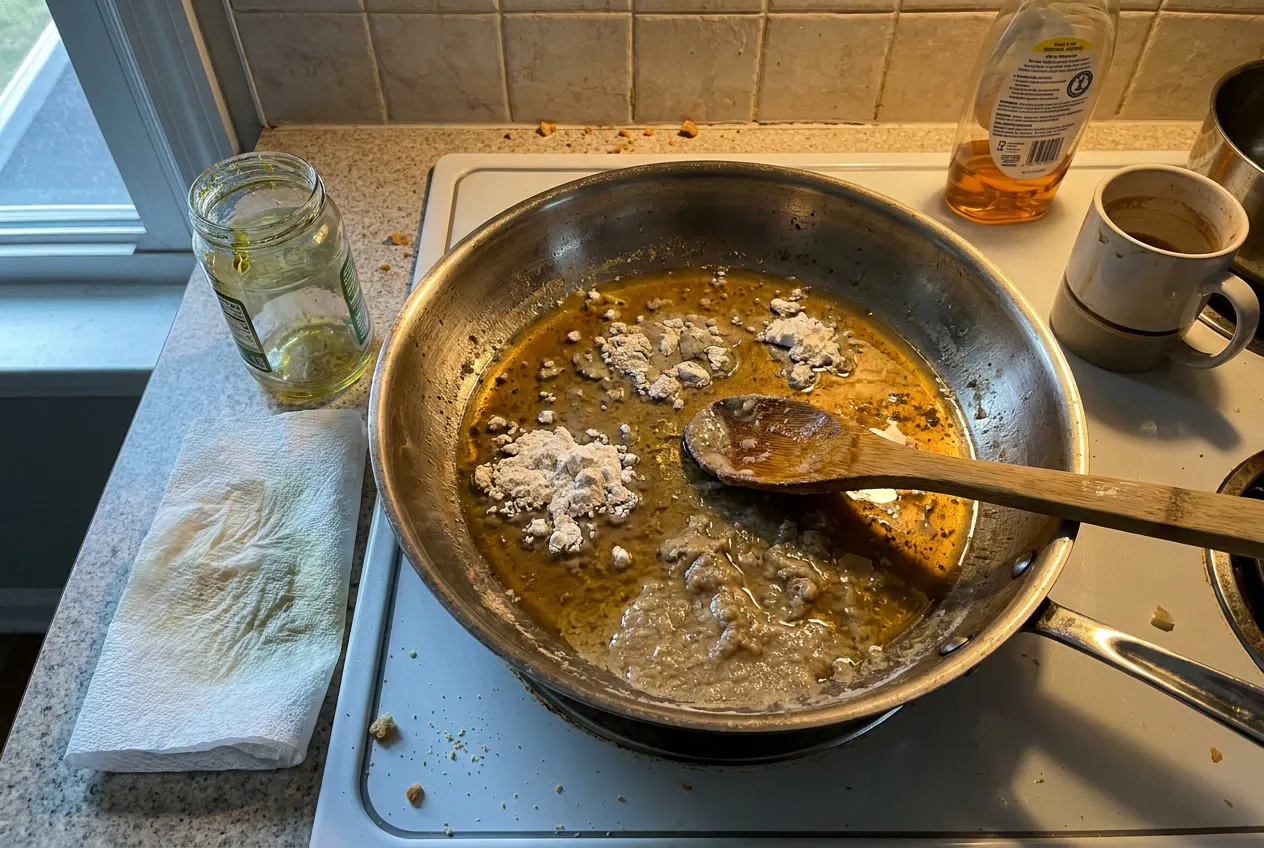 A pan of used cooking oil with flour stirred in, tilted so the oily mixture visibly runs and streaks down the side