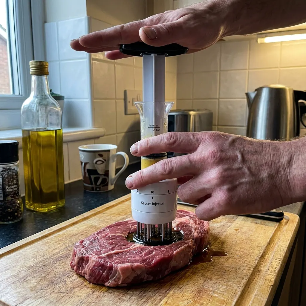 Needle-blade head pressed into a raw chuck steak