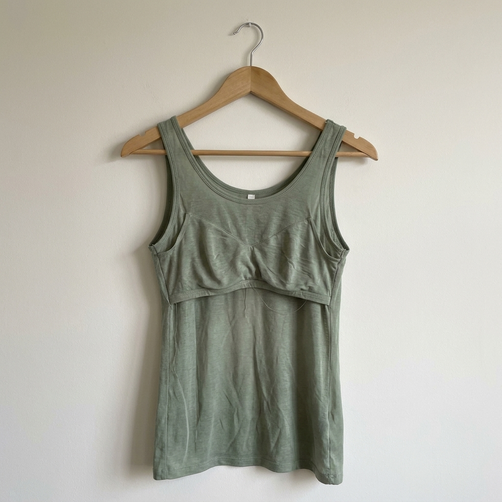 A thin, flat shelf-bra tank held up showing its limp fabric