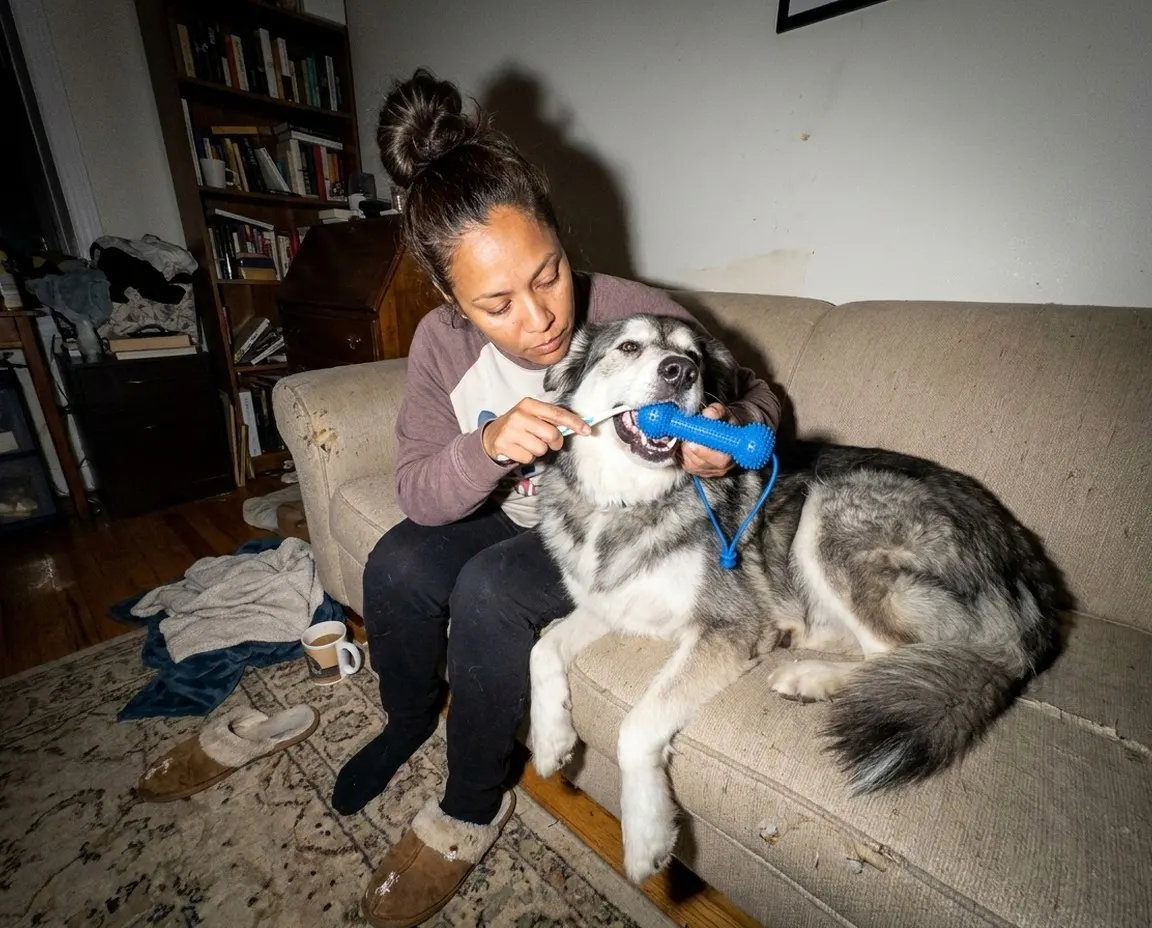 Customer photo of a dog using the BrushBuddy dental toy