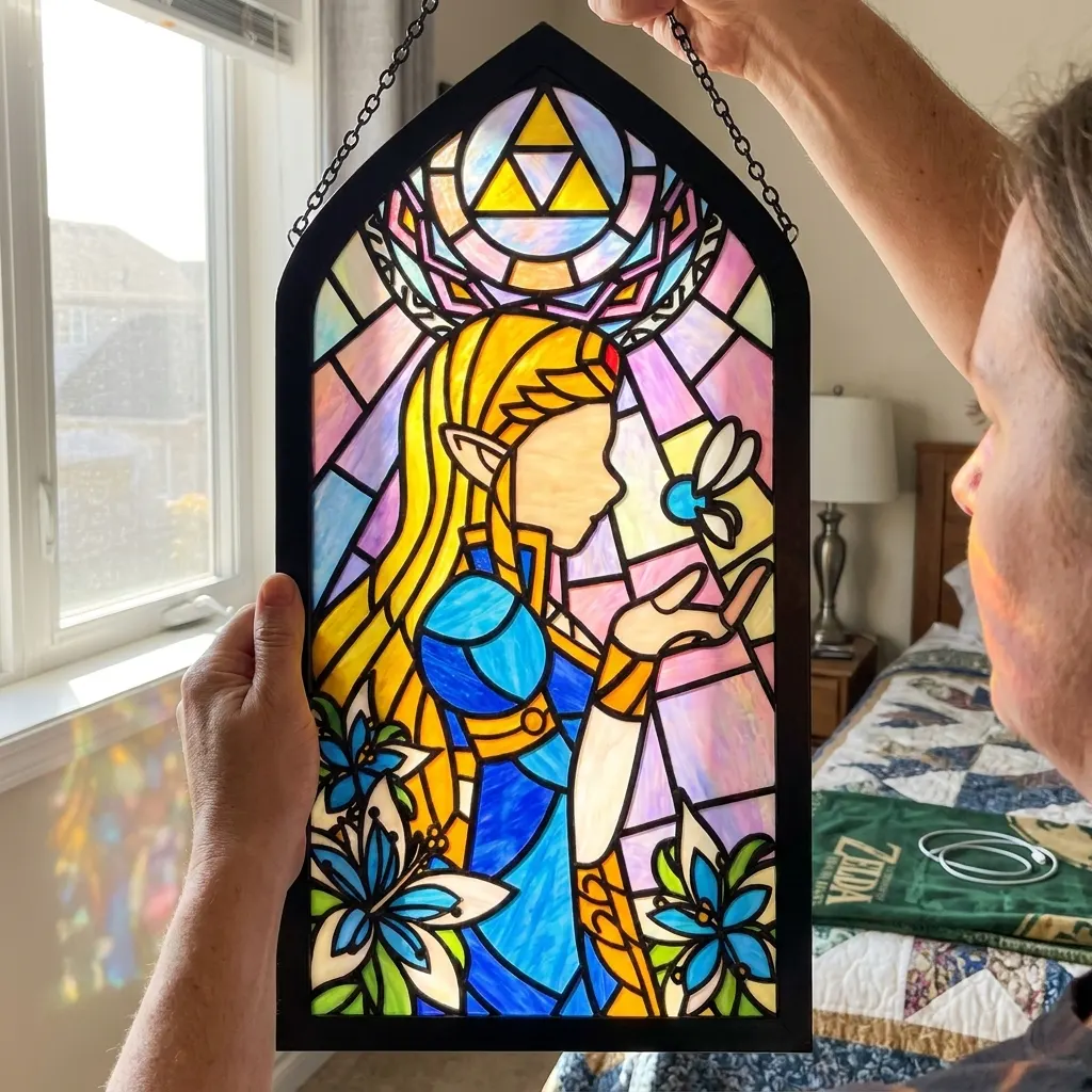 Hand holding the stained glass pane against sunlight