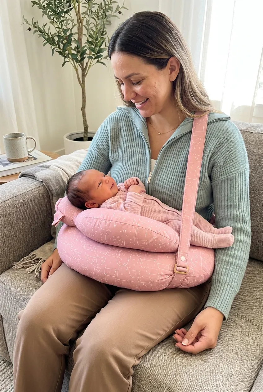 The CuddleArm cradle holding its shape under weight, baby resting level at breast height