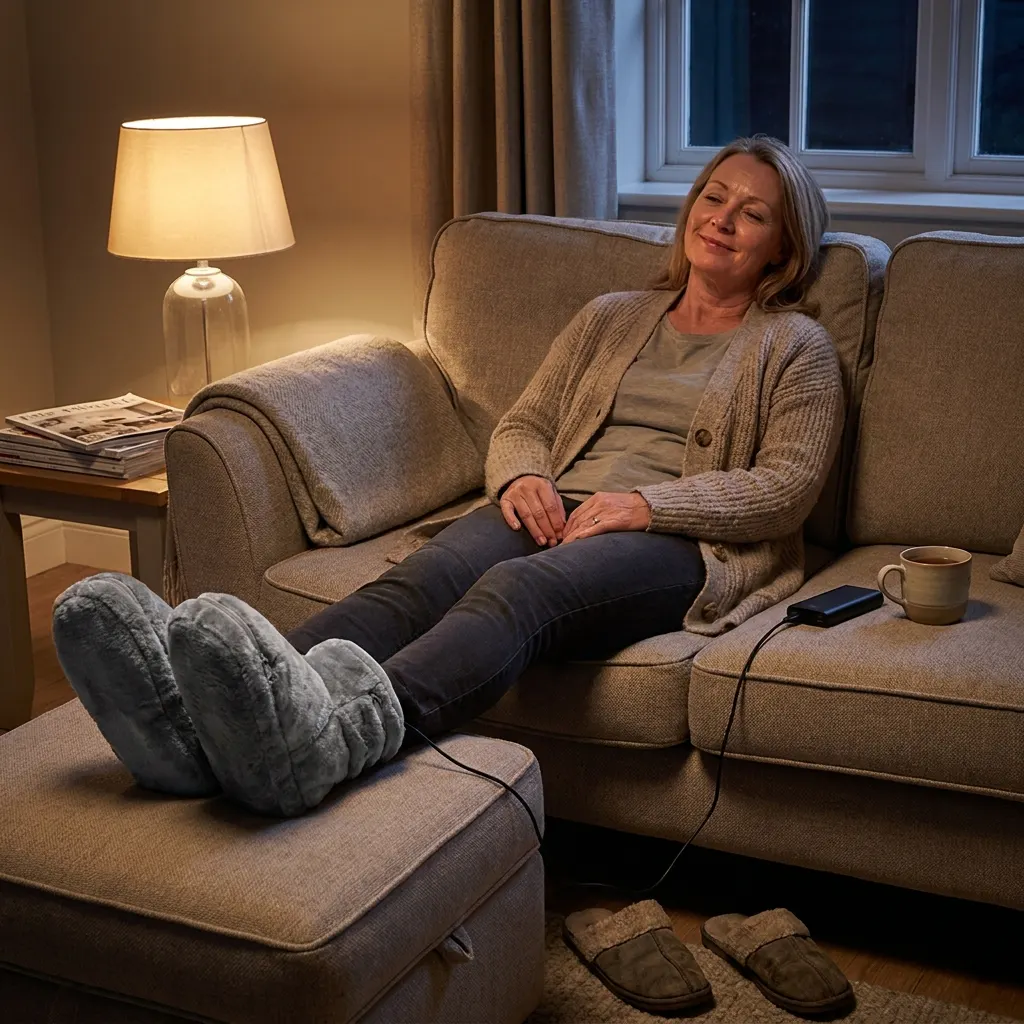 Woman relaxing on the couch in her heated slippers under lamplight