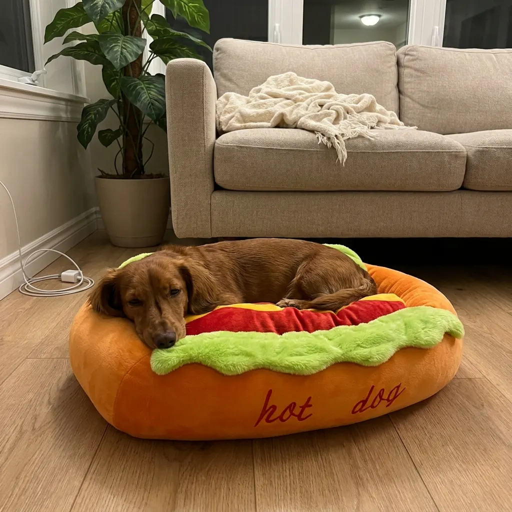 A dachshund curled inside the Ventra hot dog pet bed
